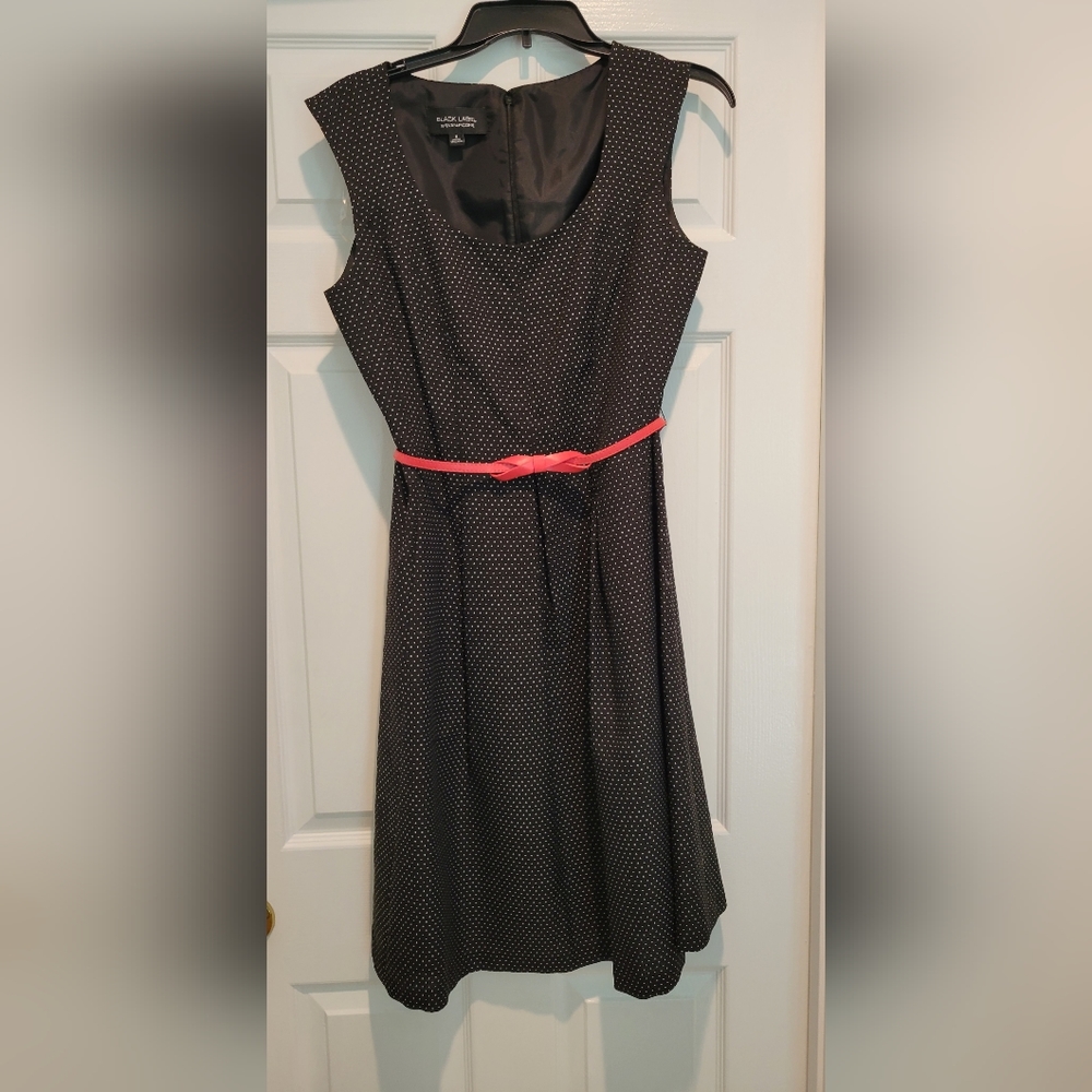 Black Label by Evan Picone sleeveless polka dot dress with pink belt Sz 8